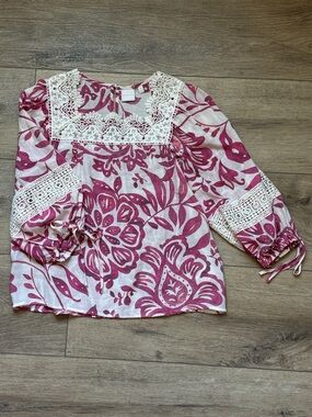 Zac & Rachel Pink Floral Lace-Trim Peasant Blouse